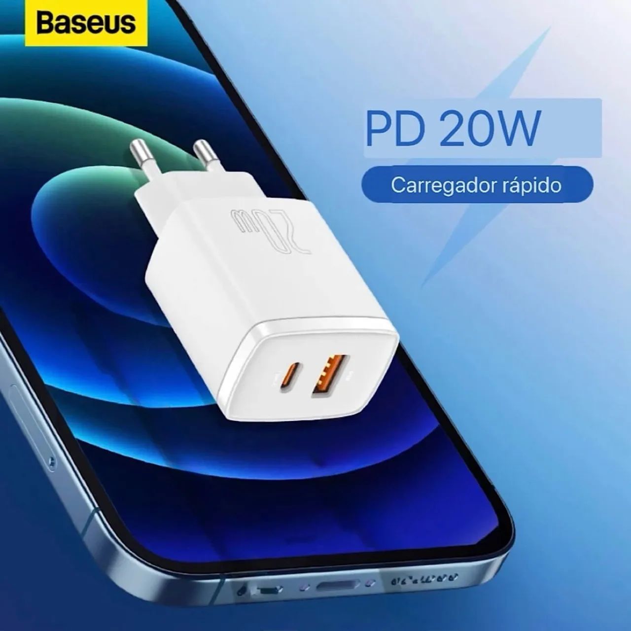 Baseus Carregador IPhone Com 2 Entradas USB Tipo C e Celular Samsung Android 20w Turbo