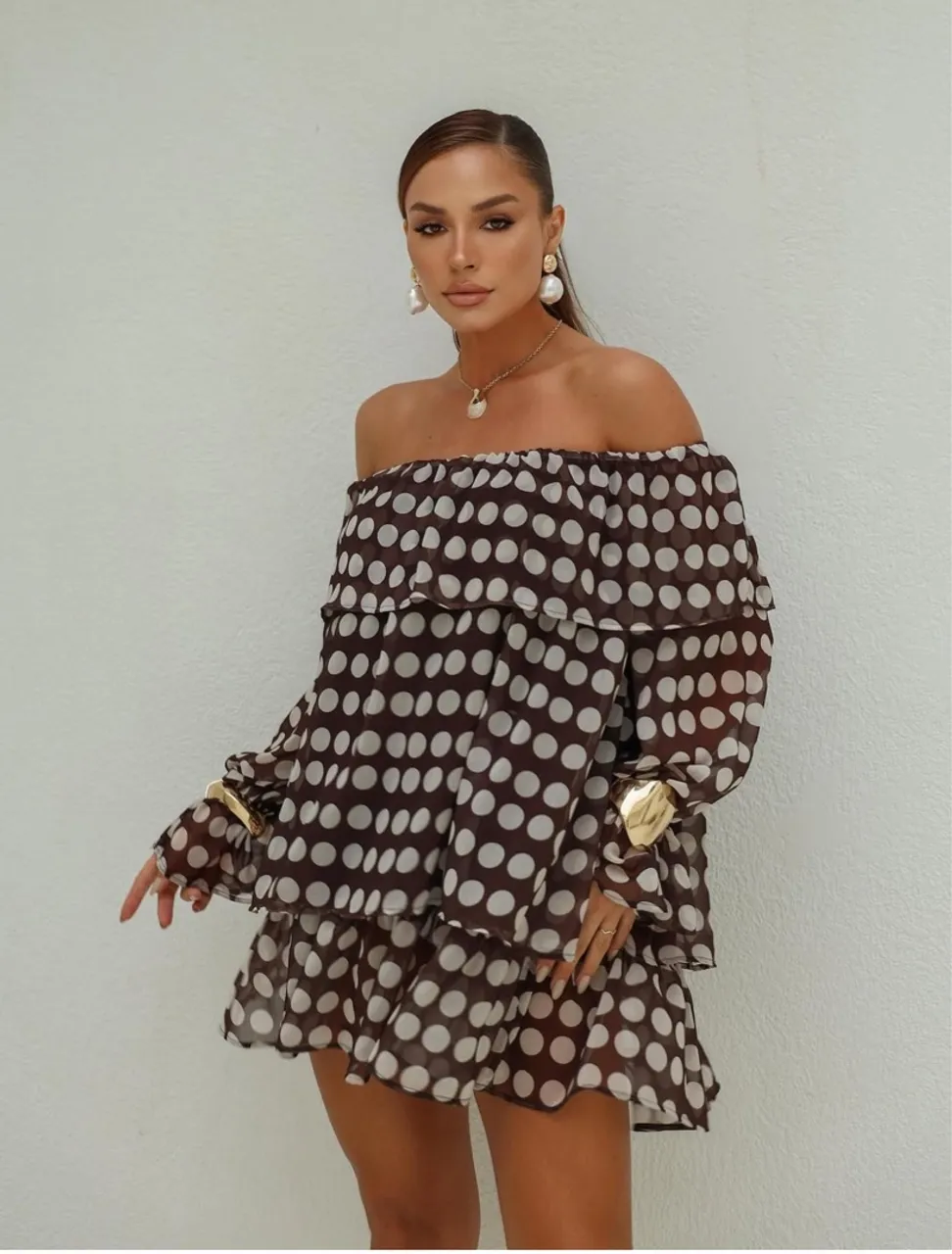 Vestido Chiffon Poá Manga Longa - Elegância e Estilo