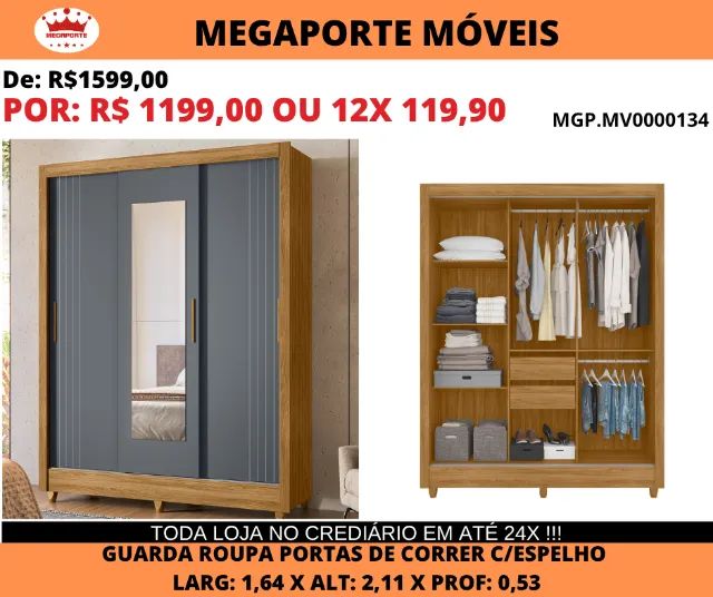 Guarda Roupa Solteiro 1,64 Portas de Correr C/Espelho - Foto 2
