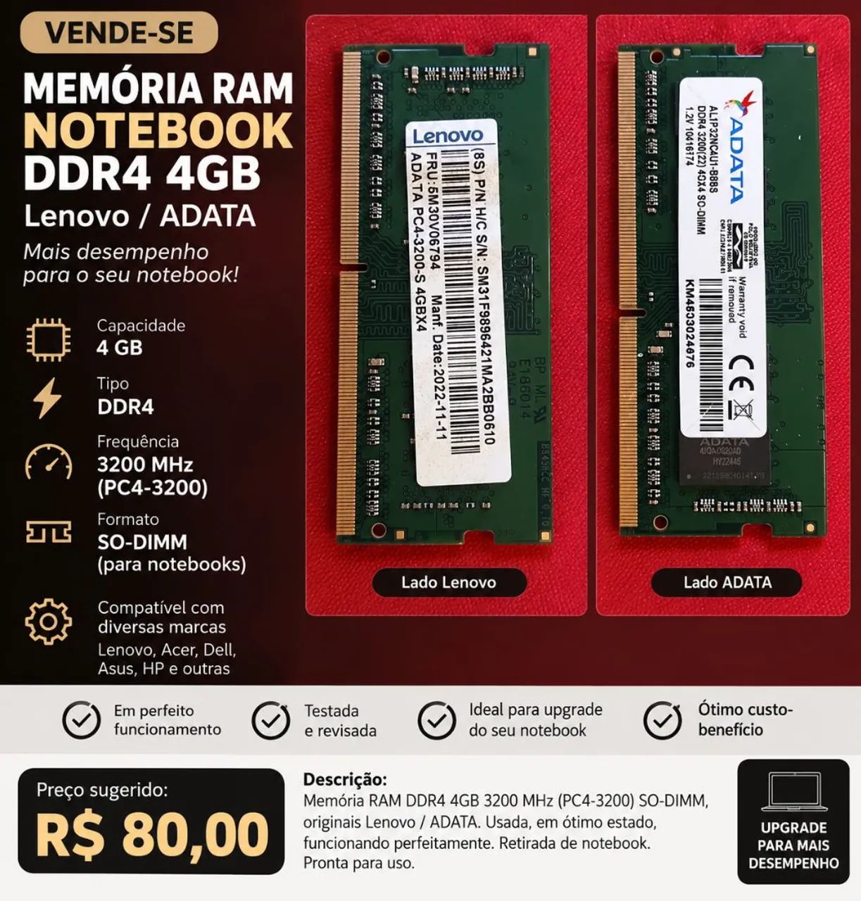 Memória RAM DDR4 4GB 3200MHz Notebook SO-DIMM Lenovo/ADATA - Foto 4
