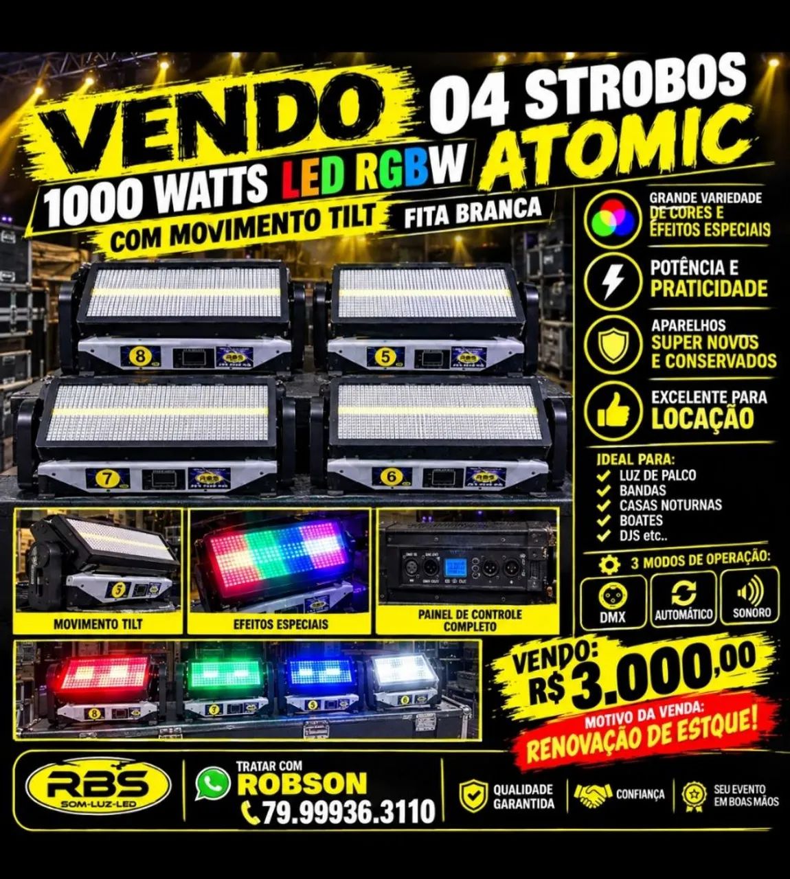 STROBOS ATOMIC 1000W RGBW COM MOVIMENTO TILT