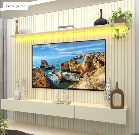 Painel para TV até 90 Polegadas 229x250cm Ripado com LED 3 Gavetas 100% MDF - Gelius:VALOR