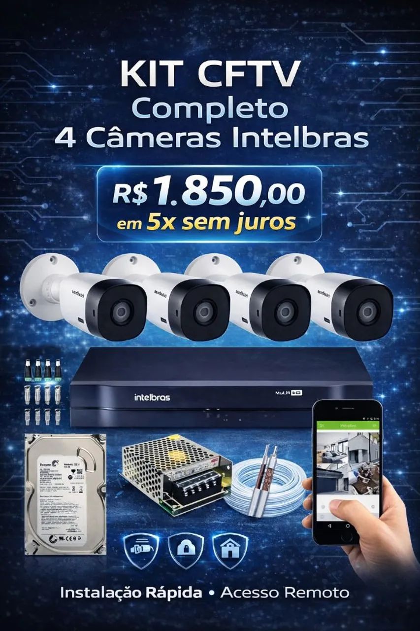 KIT CFTV COMPLETO INTELBRAS - 4 CÂMERAS EM 5 VEZES SEM JUROS