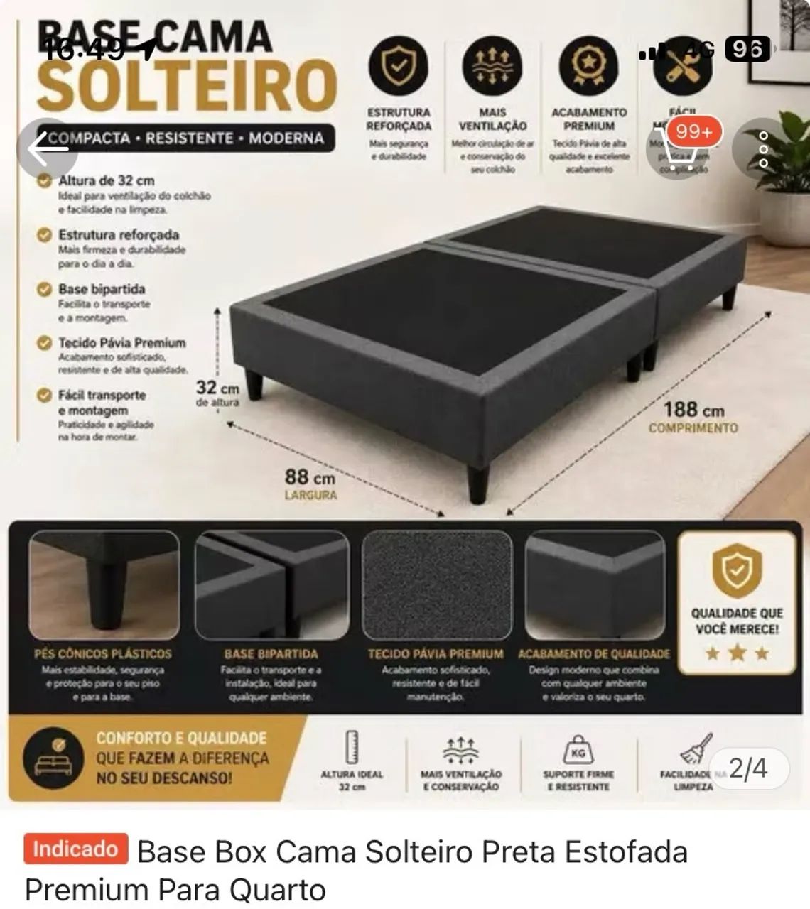 Base cama Box nova solteirão