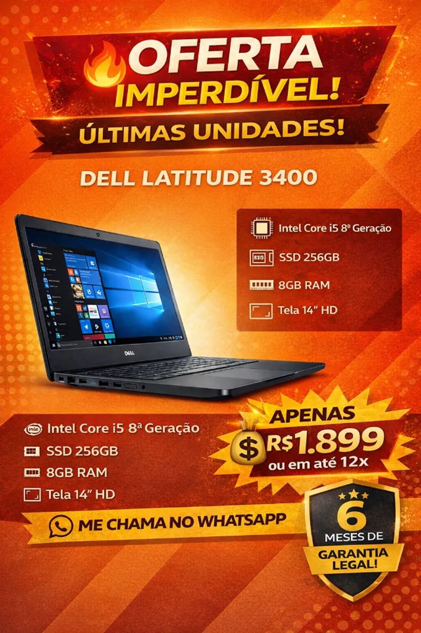 Notebook Dell 3400 Core i5 8° + 8 gb + ssd 240 - 15 peças em estoque