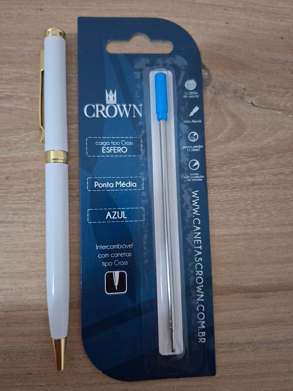 Caneta crown azul + refil de tinta azul