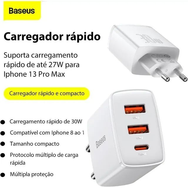 Carregador de Parede Baseus Compact Fast Charger 2U+C 30W