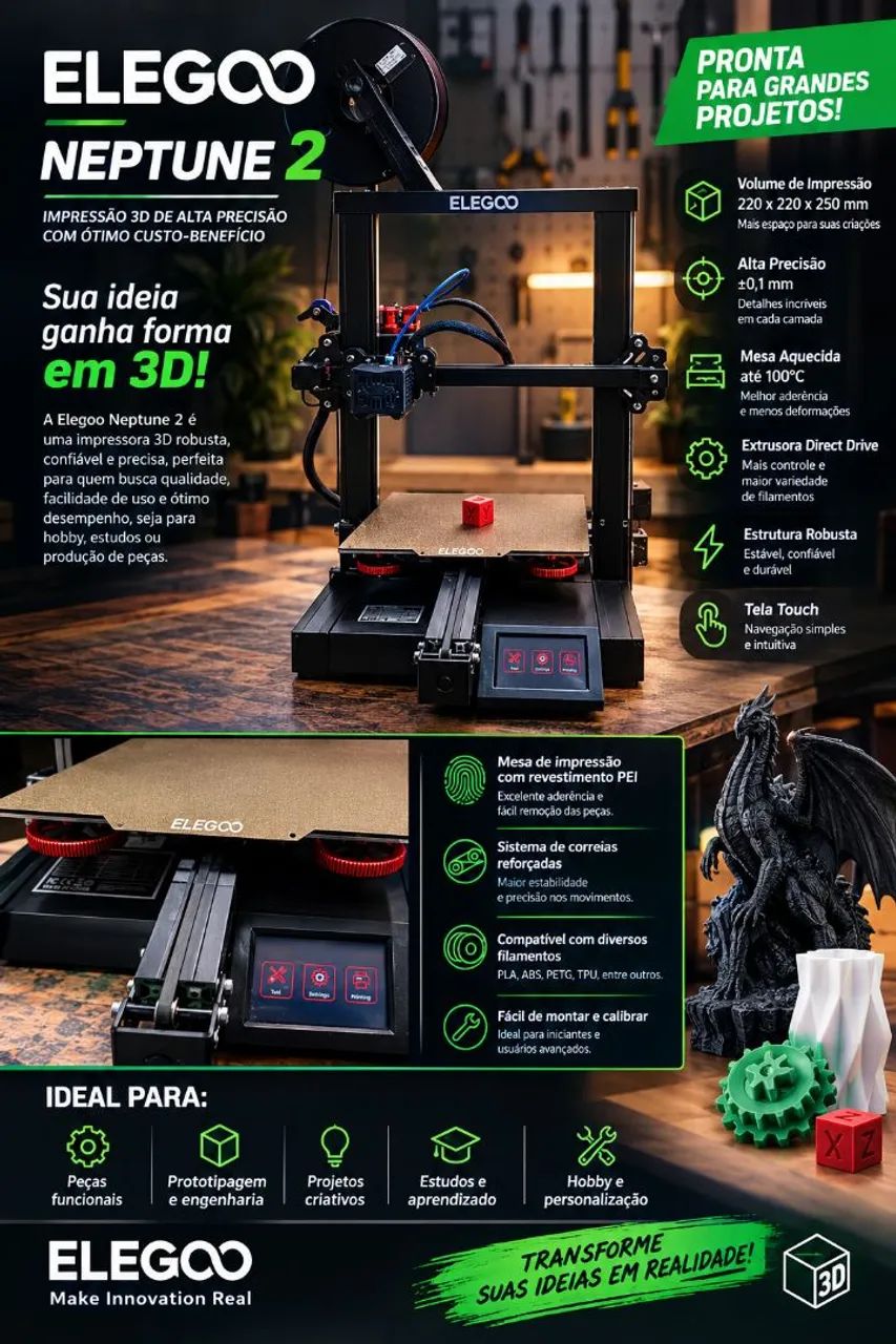 Impressora 3D Elegoo Neptune 2 REVISADA CALIBRADA EXCELENTE QUALIDADE com upgrades