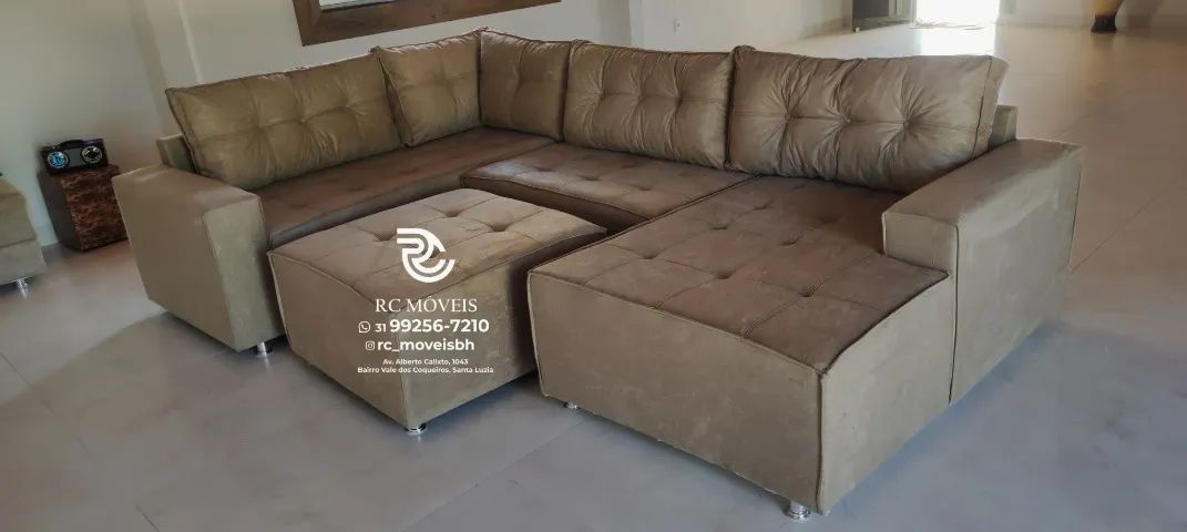 Sofá de canto Grande 3,10m com Chaise e Puff veludo macio D33 Premium - Foto 2