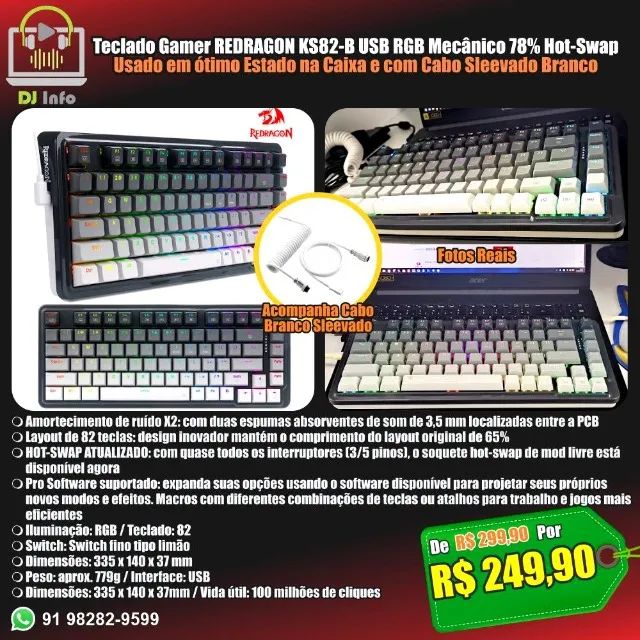 Teclado Gamer REDRAGON KS82-B USB RGB Mecânico 78% Hot-Swap