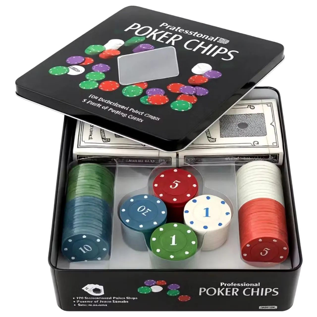 Fichas poker profissional 100 peças + 2 baralhos em lata, novo