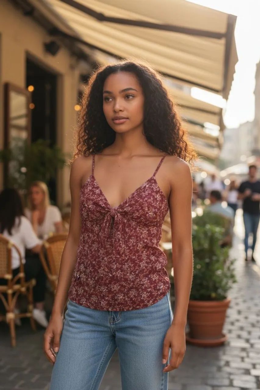 Blusa de chifon forrado, com alcinhas e estampa floral.