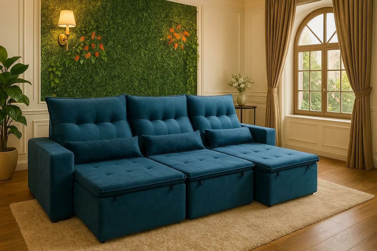 Sofá Modular Azul Turquesa com Chaise e Baú