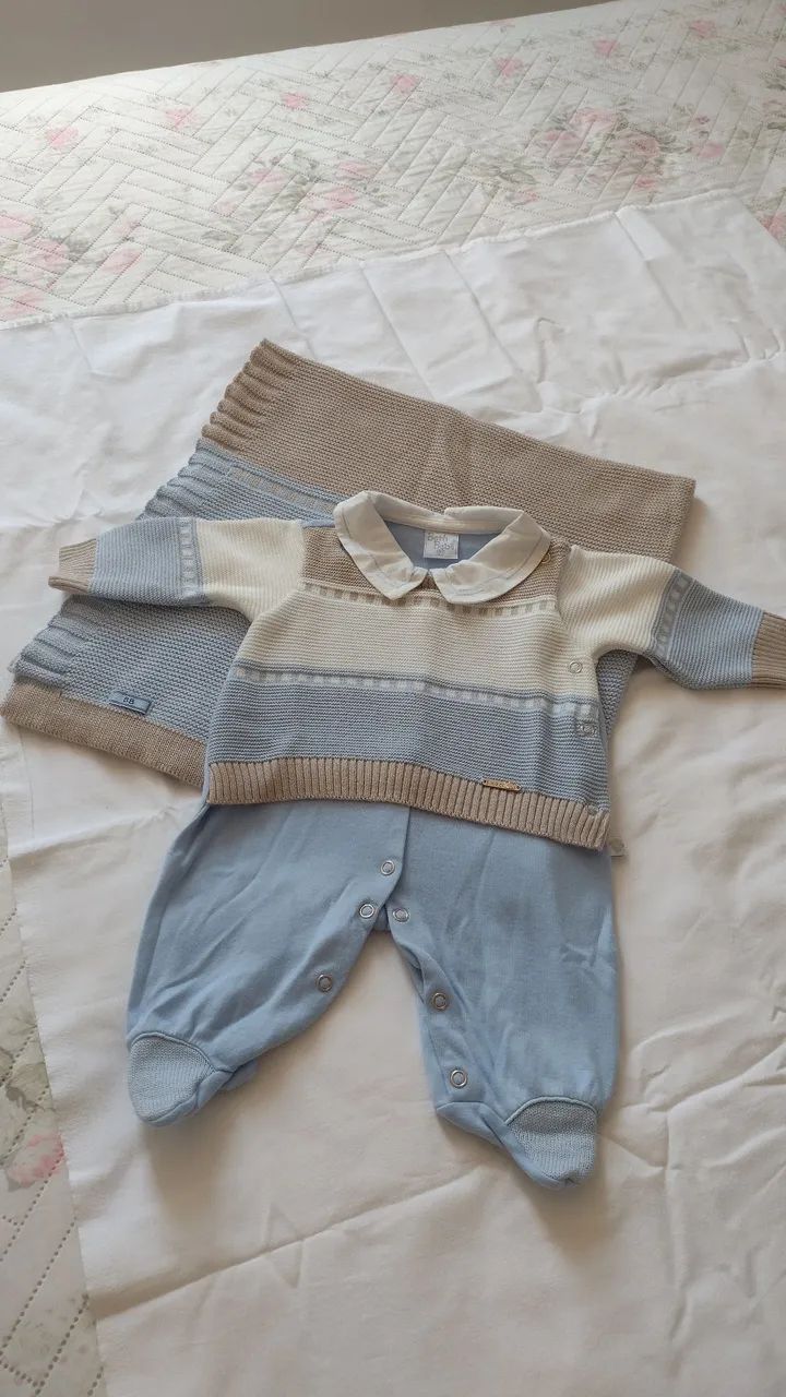 Conjunto de Roupa para Bebê - Trico e algodão Azul e Bege - Foto 4