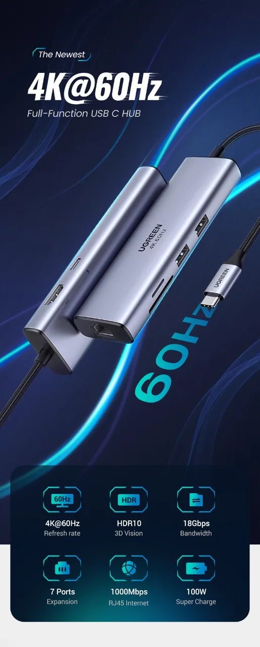 Hub Ugreen Adaptador Tipo C Portas 2*USB A + 1*HDMI 4K@60Hz + 1*RJ45 + 1*PD100W + 1*SD/TF - Foto 5