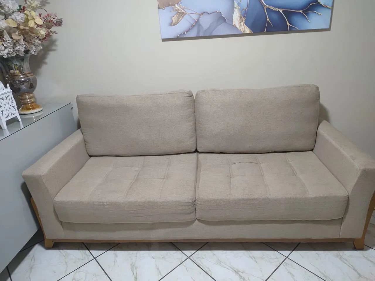 Conjunto de Sofás 2 e 3 Lugares Bege com Base de Madeira - Foto 3