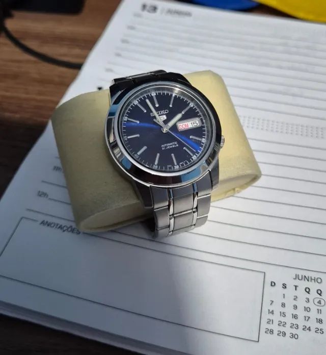 Relógio Seiko 5 Automático Snk357 Azul Tamanho 37mm - Foto 4
