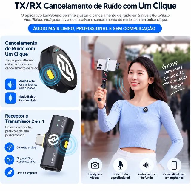 Microfone Lapela Sem Fio Hollyland Lark M2 Duo USB-C - Foto 5