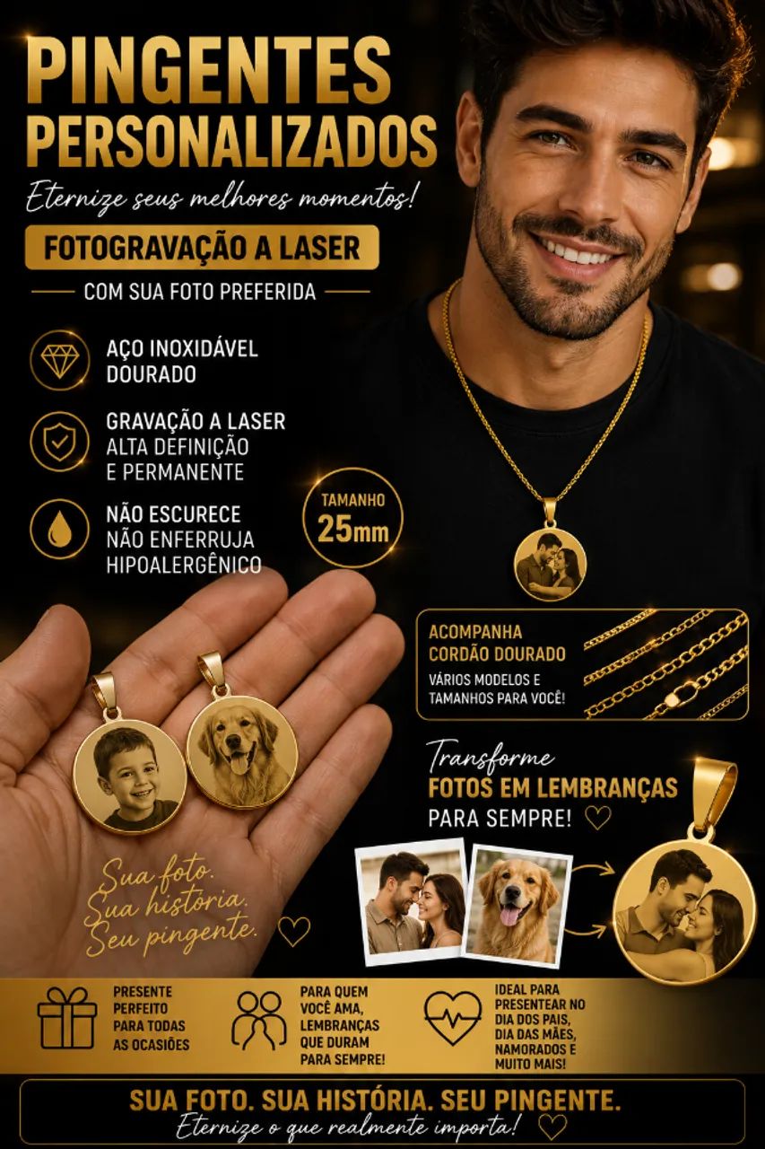 Pingente aço inoxidável com fotogravação a laser 