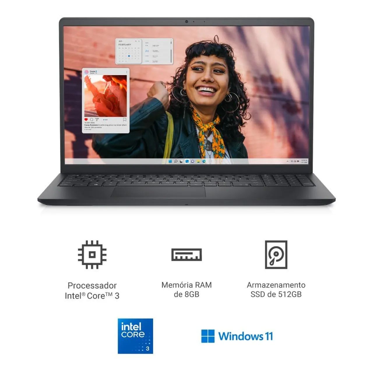 Notebook Dell Inspiron 15, Intel Core 3, 8 GB RAM, SSD 512 GB