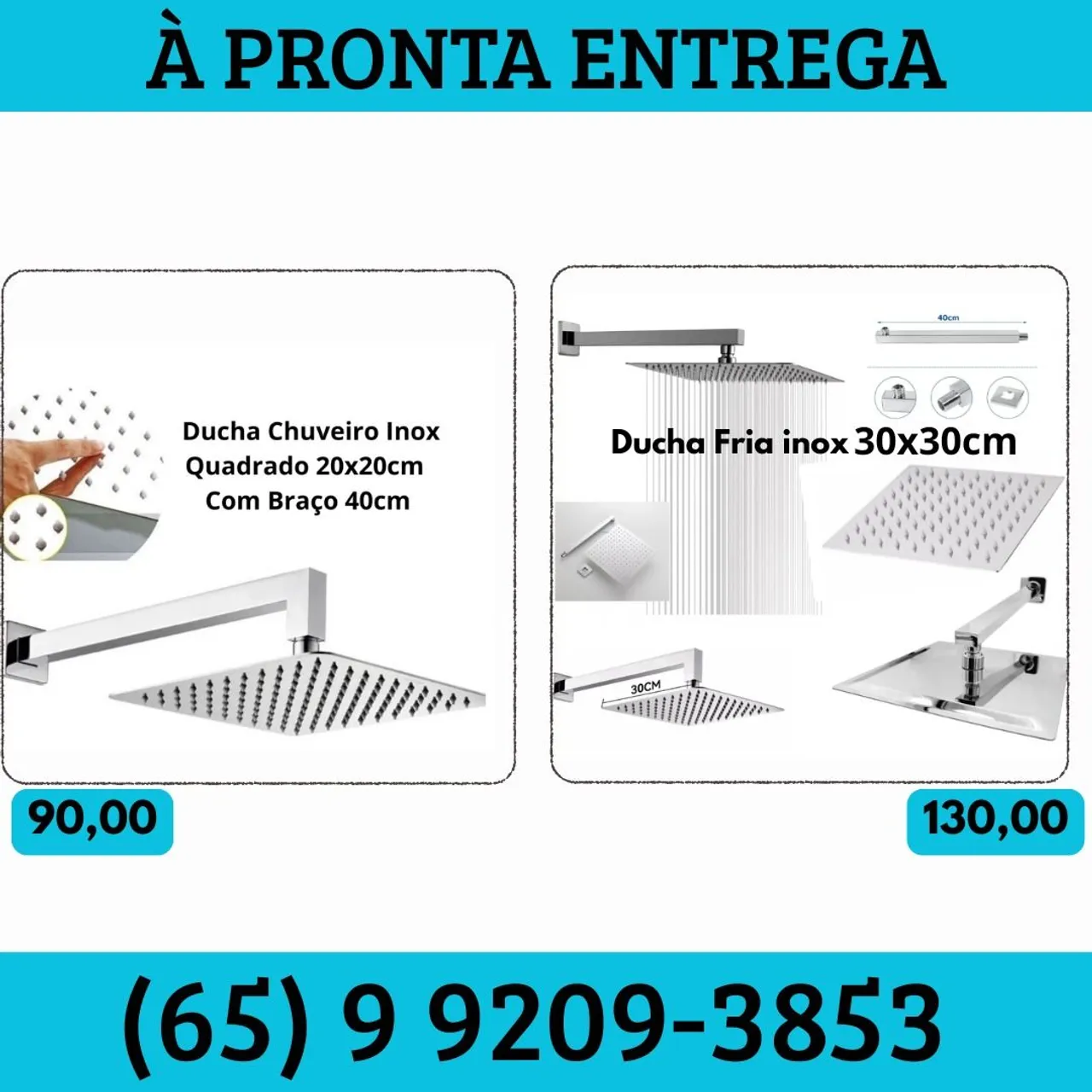 Duchas de Inox Quadradas Chuveiro 20cm e 30cm - À Pronta Entrega
