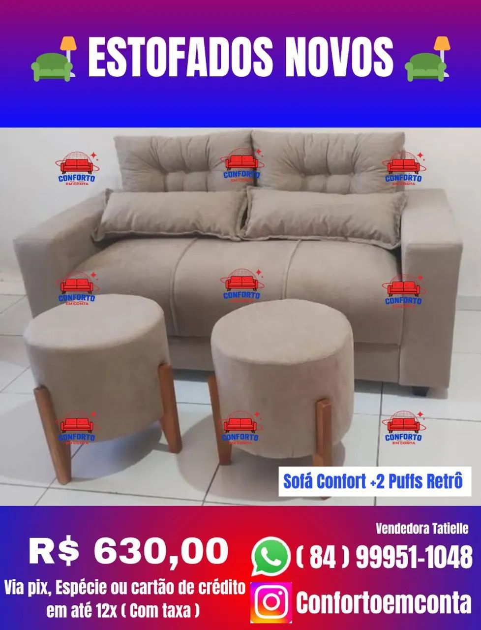 Sofá Confort + 2 Puffs Retrô - Novo diretamente da fábrica.
