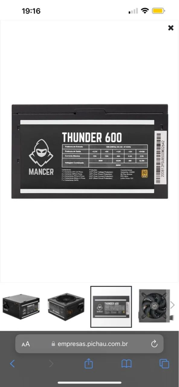 Fonte Mancer Thunder 600W 80 Plus - Potência e eficiência para seu setup! - Foto 3