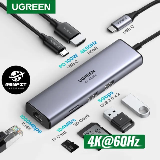 Hub Ugreen Adaptador Tipo C Portas 2*USB A + 1*HDMI 4K@60Hz + 1*RJ45 + 1*PD100W + 1*SD/TF
