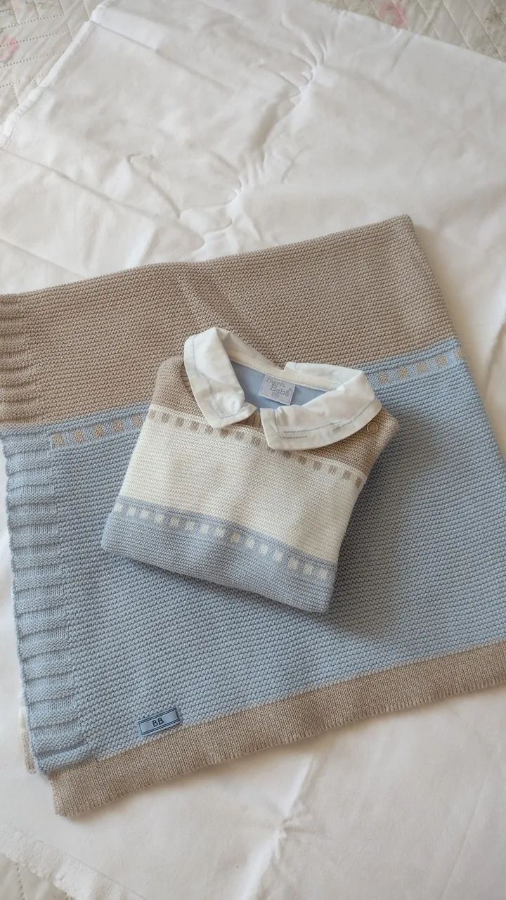 Conjunto de Roupa para Bebê - Trico e algodão Azul e Bege - Foto 5