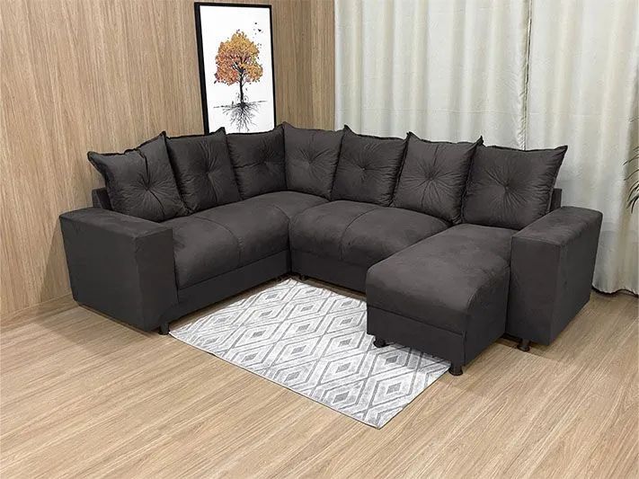 Sofá de Canto 5 Lugares com Chaise Almofadas Soltas Suede Marrom