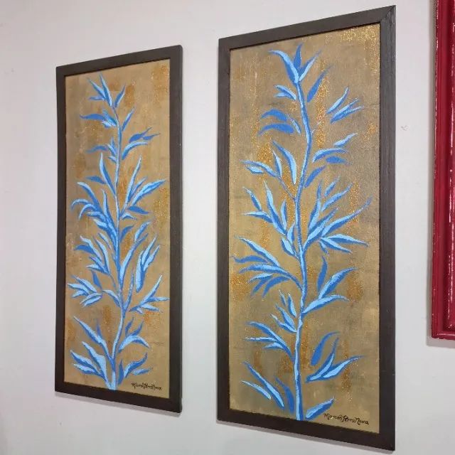 Par Telas Pintura Acrílica sobre Eucatex tema Folhagens 27cm x 62,3cm