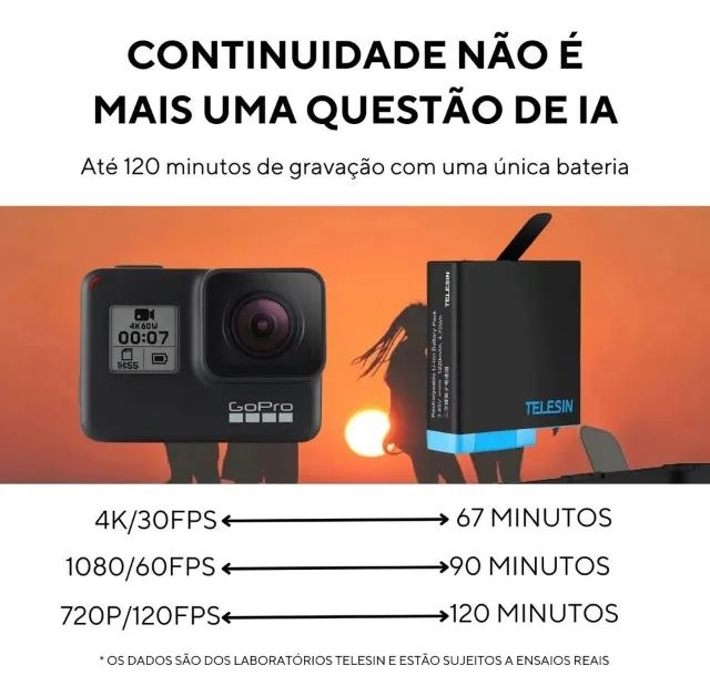 Bateria Telesin Para Câmera Gopro Hero 5 6 7 8 Recarregável - Foto 2