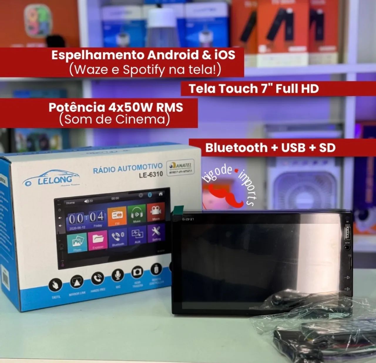 Central Multimídia Retratil 7 Tela Touch Scree Bluetooth Usb