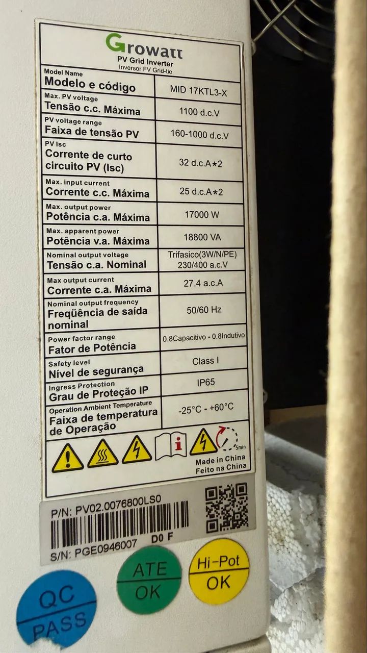 Inversor Growatt trifásico 17kW