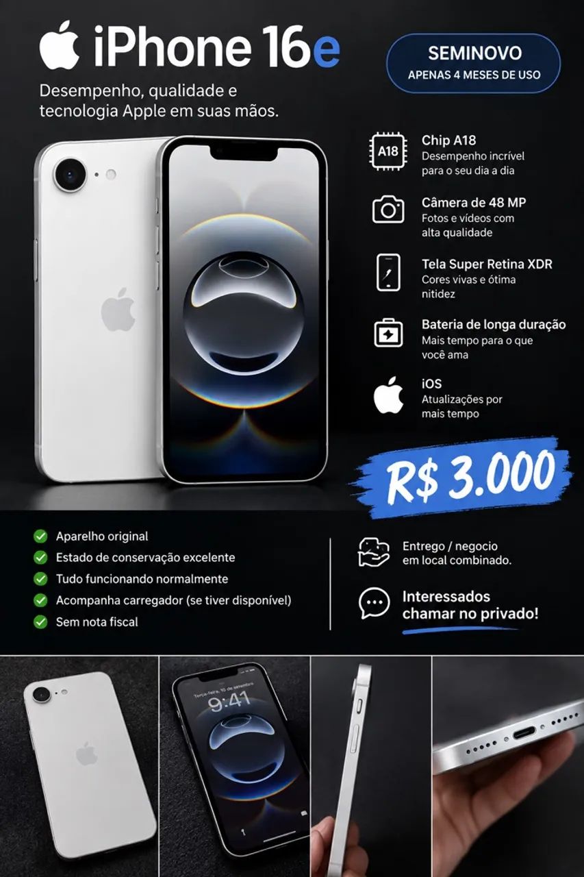 ? iPhone 16e ? seminovo, bateria 100%