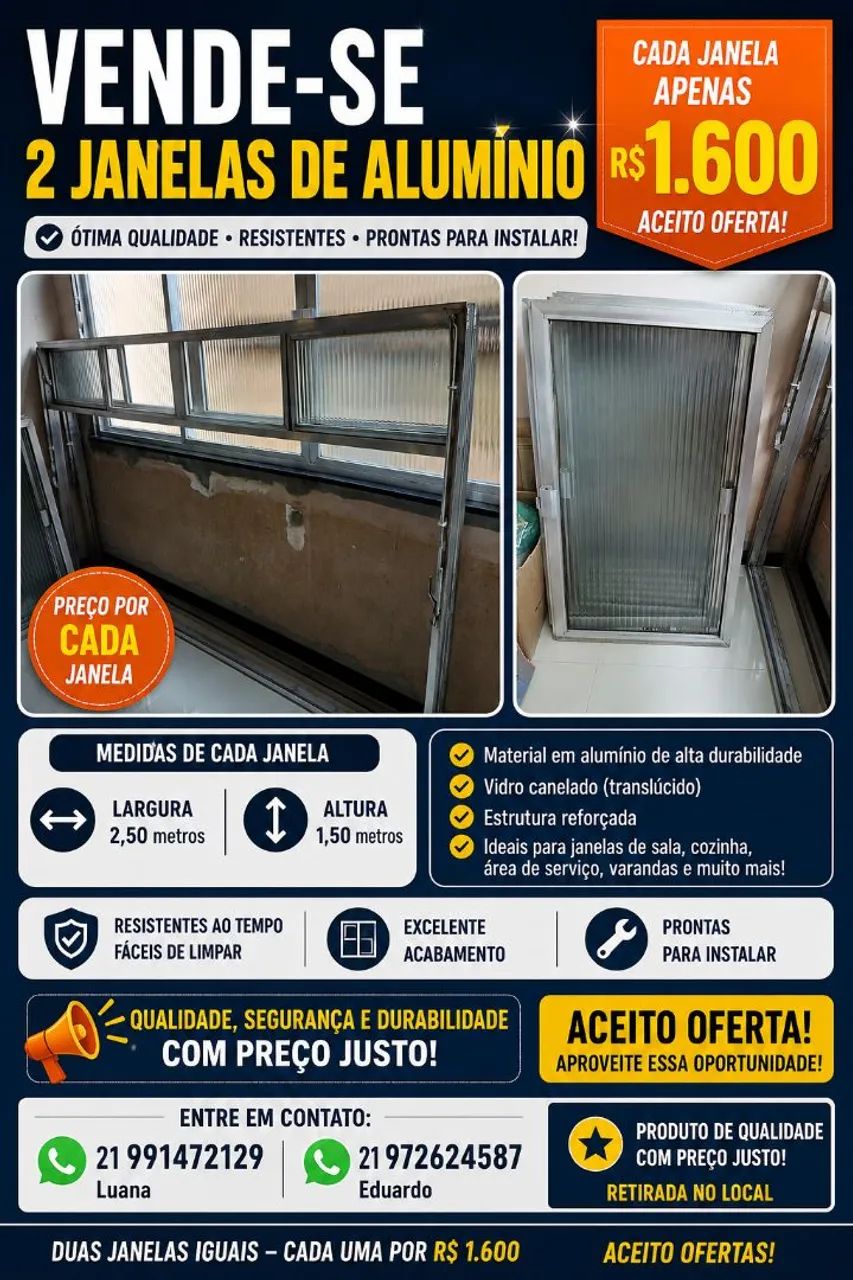 ? VENDO 2 JANELAS DE ALUMÍNIO COM VIDRO CANELADO ? - Foto 3