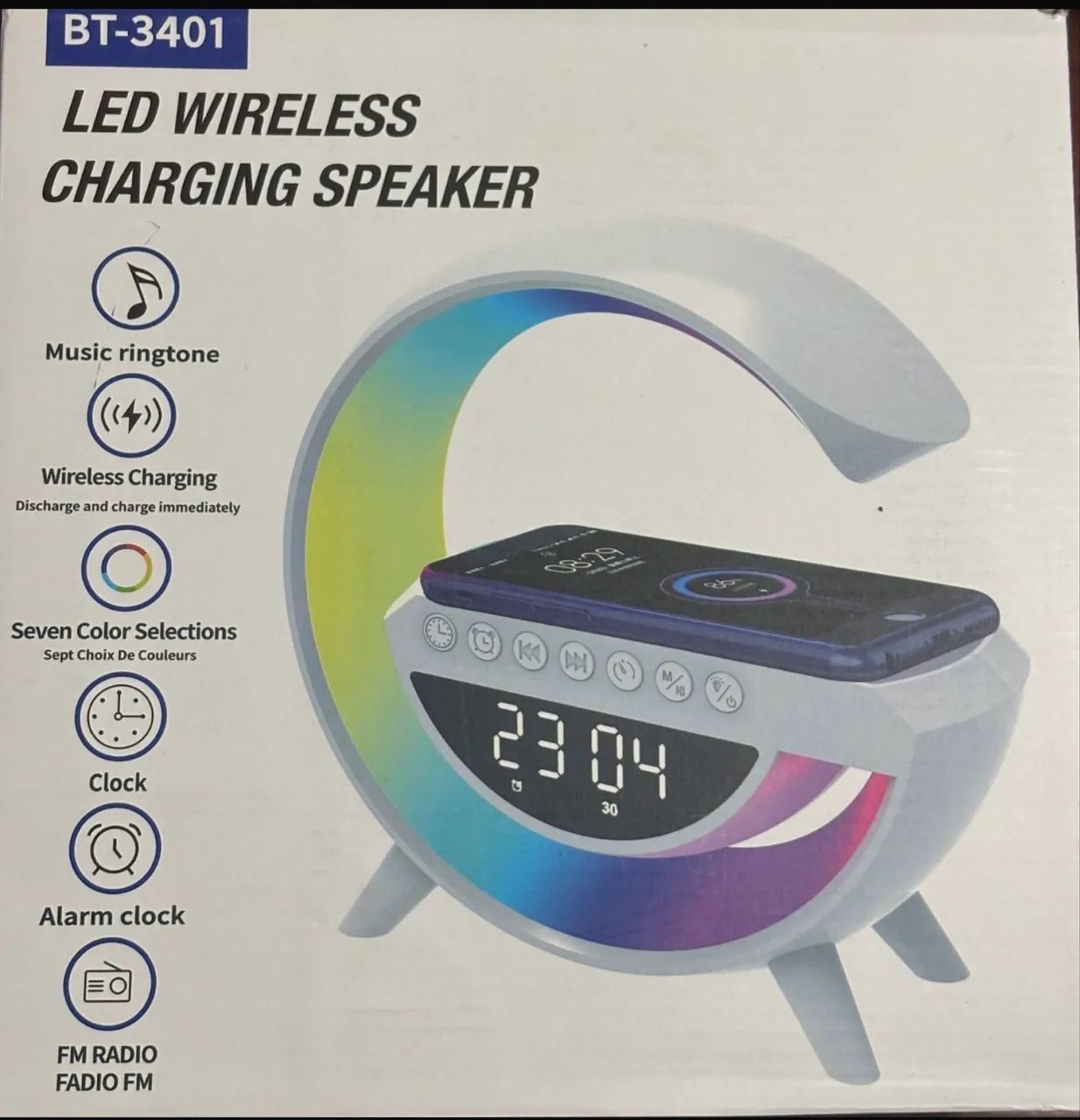 Luminária LED JDX Tech G-SPEAK Carregamento sem fio Bluetooth som e relógio