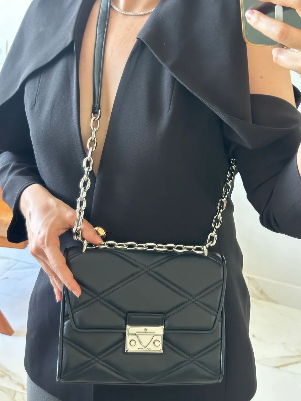 Bolsa Michael Kors Serena original preta couro alça corrente