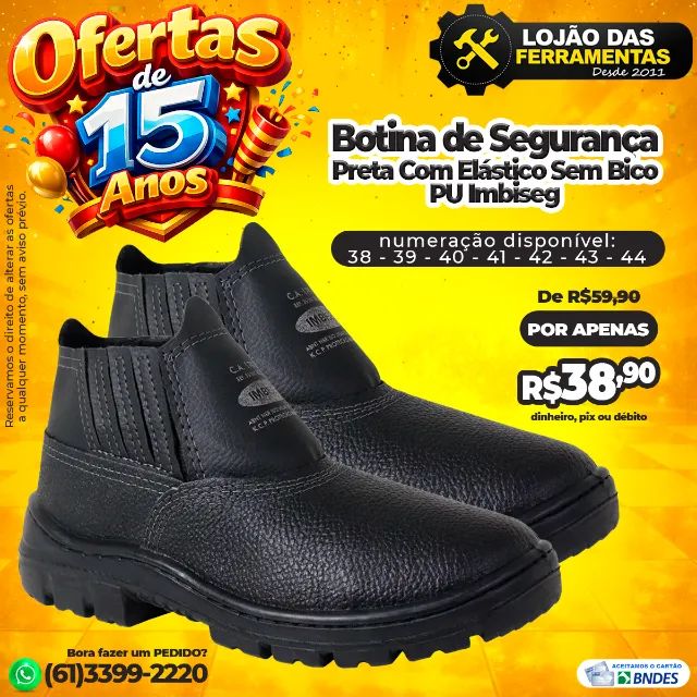 Botina de Segurança Preta Com Elástico Sem Bico PU Imbiseg