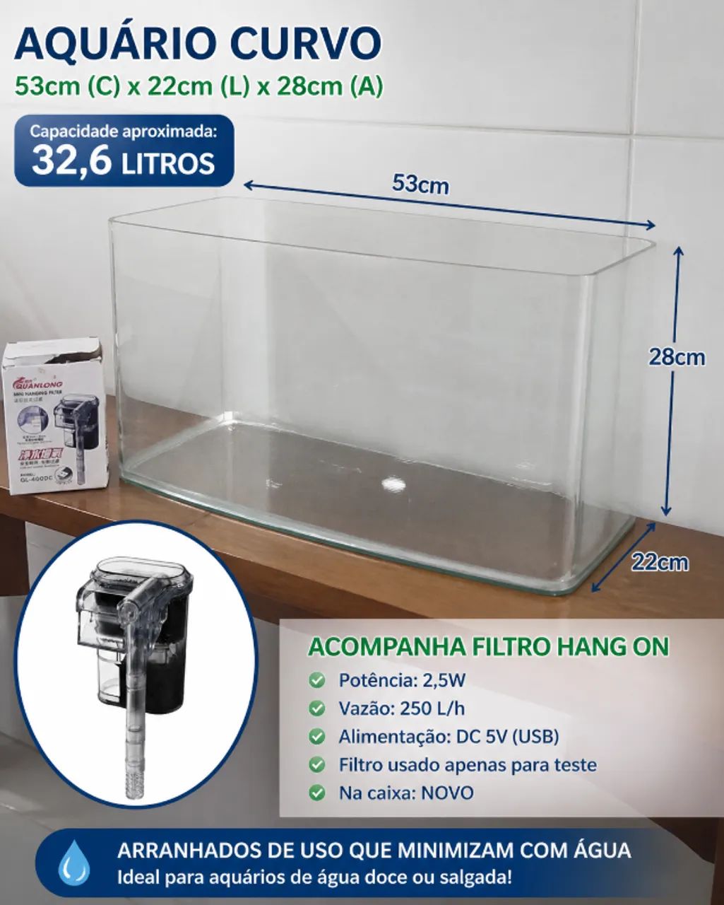 AQUÁRIO CURVO 32,6L + FILTRO HANG ON USB | R$ 450