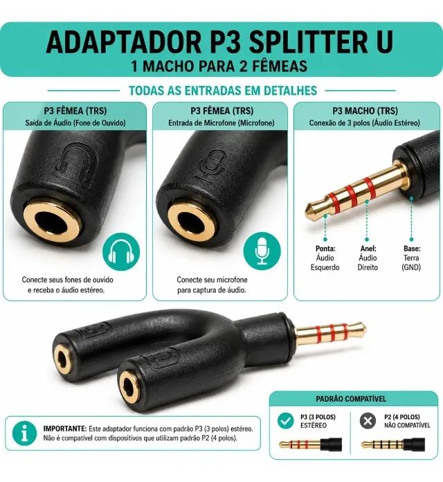 Adaptador P3 P2 Fone E Microfone Headset Console It Blue - Foto 3