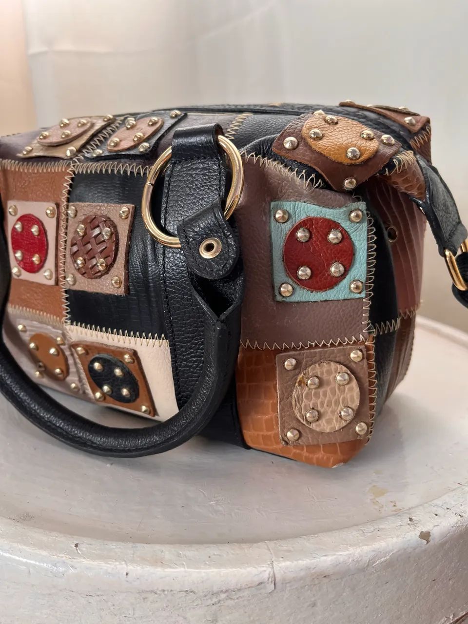 Bolsa baú patchwork couro legítimo Caborely $280 - Foto 4
