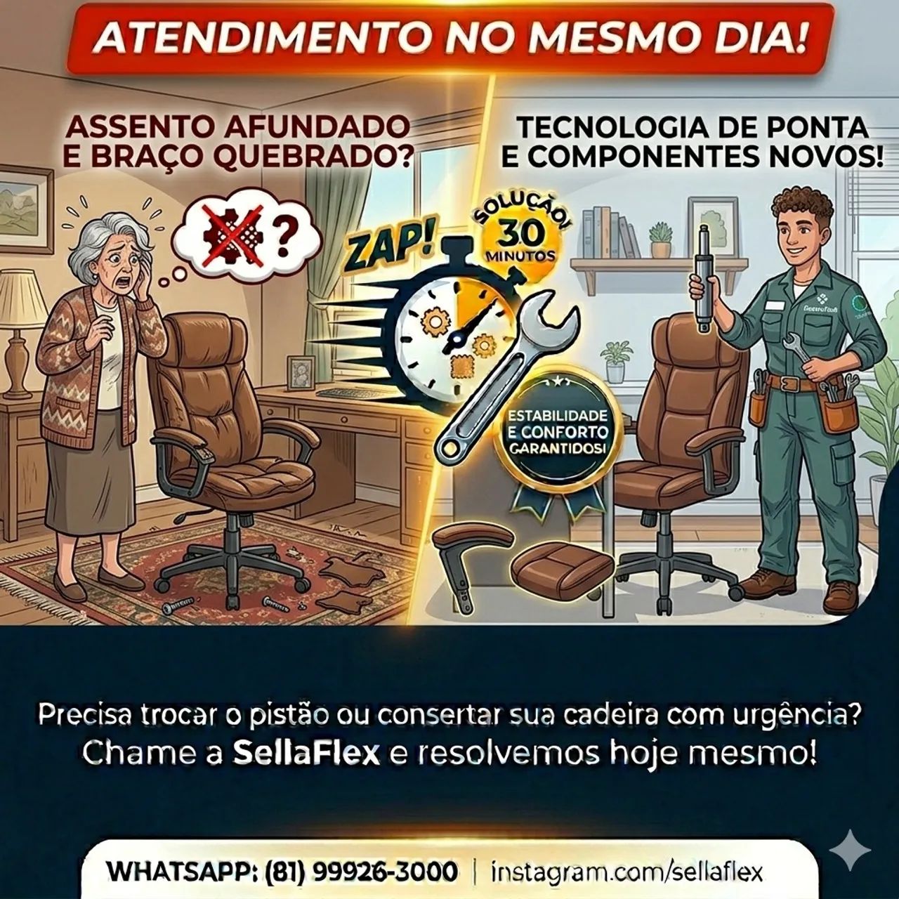 Cadeira de escritório com assento afundando - vamos até você 