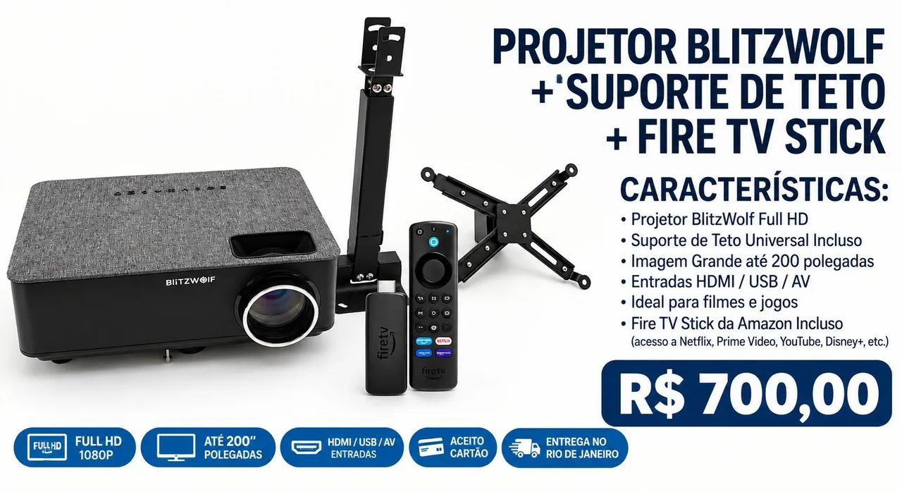 PROJETOR BLITZWOLF + SUPORTE DE TETO + FIRE TV AMAZON