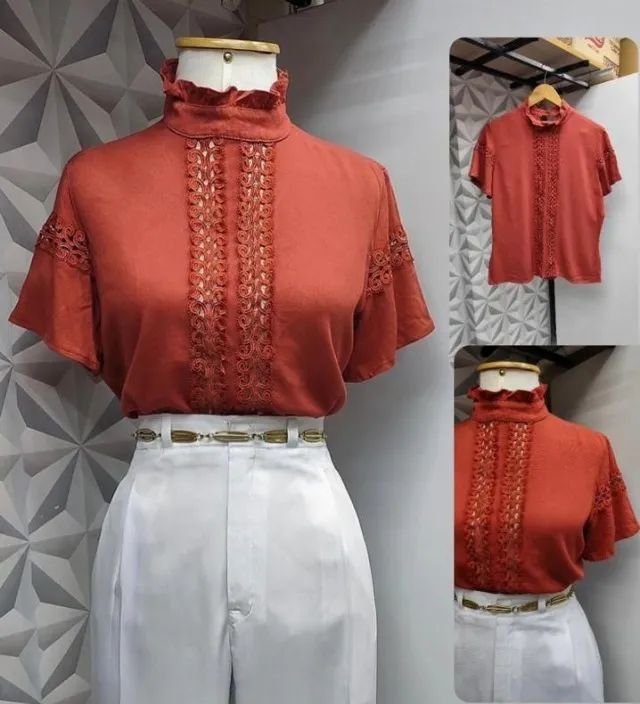 Blusinha, gola alta, renda em guipir