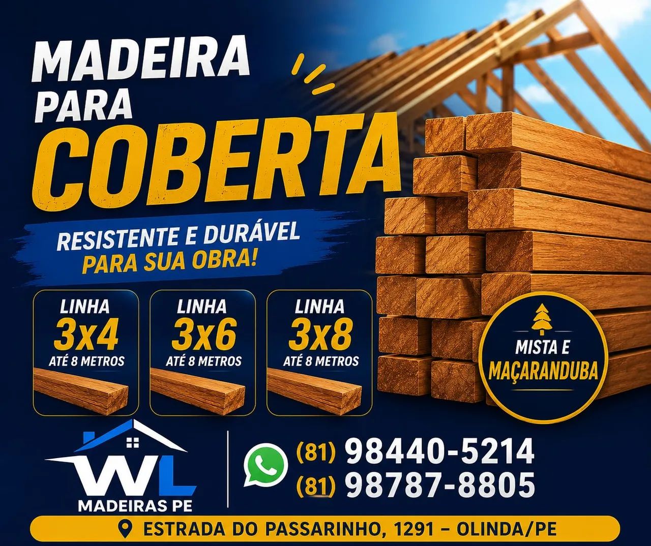 Madeira para coberta: Linha 3x4 3x6 3x8, caibro, ripa e muito mais! 
