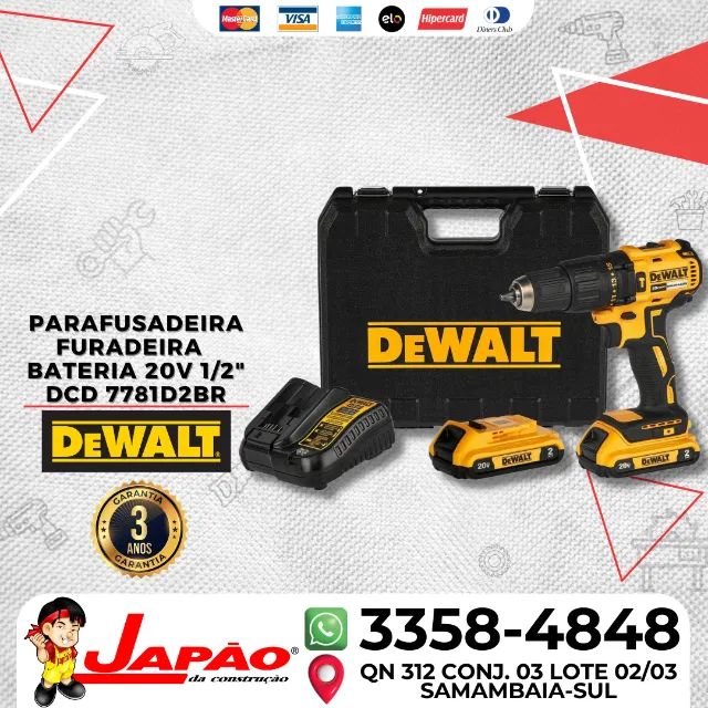 Furadeira Parafusadeira 1/2" 20V 2 Baterias Dewalt DCD7781D2 Garantia de 3 Anos