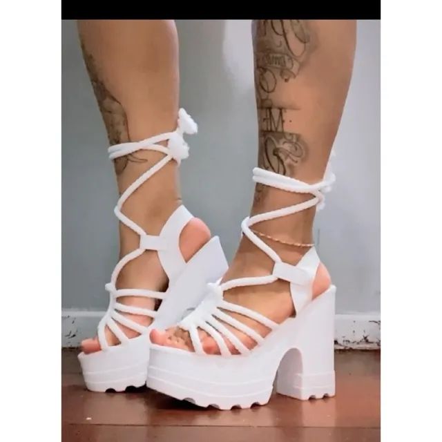 Sandália Tratorada de Salto Branca Amarração Super Confortável e Leve - Foto 2