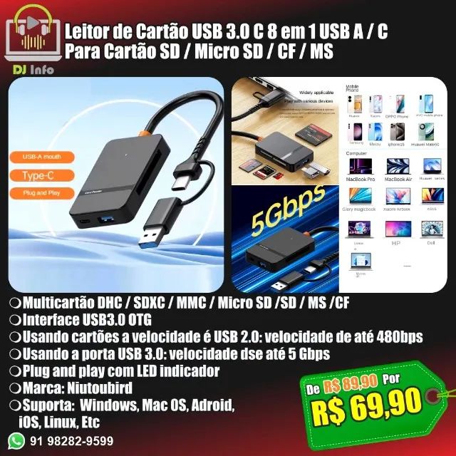 Leitor de Cartão USB 3.0 C 8 em 1 USB A / C Para Cartão SD / Micro SD / CF / MS