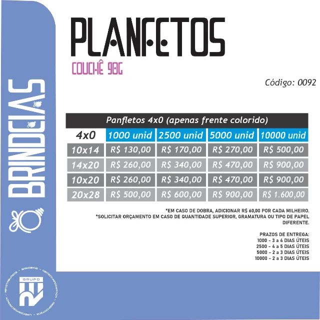 Panfletos Couchê 90G 4x0 - Brindes Personalizados Brindeias